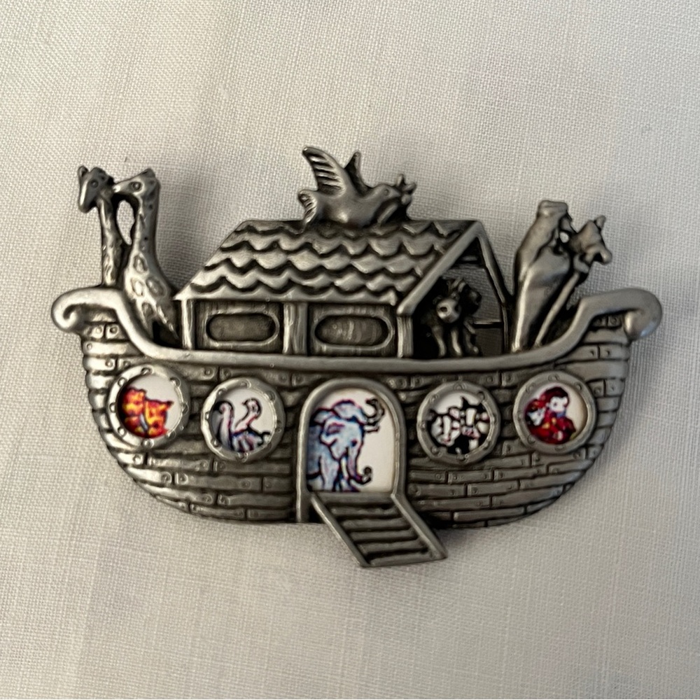 Vintage L Razza Pewter Silver Tone Noah’s Arc Brooch Pin